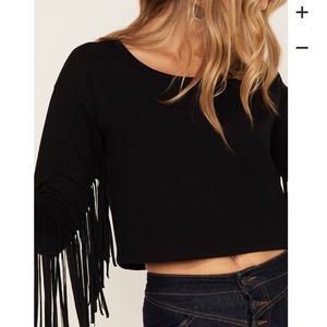 Avec Les Filles black crop fringe sweatshirt